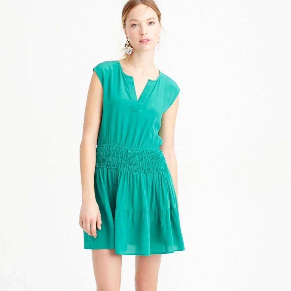 J. Crew Green Silk Smocked Waist Dress